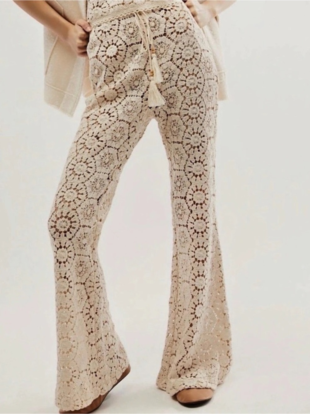 Free People SPELL Helena Crochet Lace Bell Pants Organic Cotton Lace Flare Pants